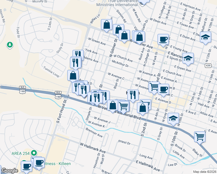 map of restaurants, bars, coffee shops, grocery stores, and more near 721 Norris Avenue in Killeen
