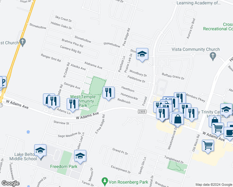 map of restaurants, bars, coffee shops, grocery stores, and more near 8103 Honeysuckle in Temple