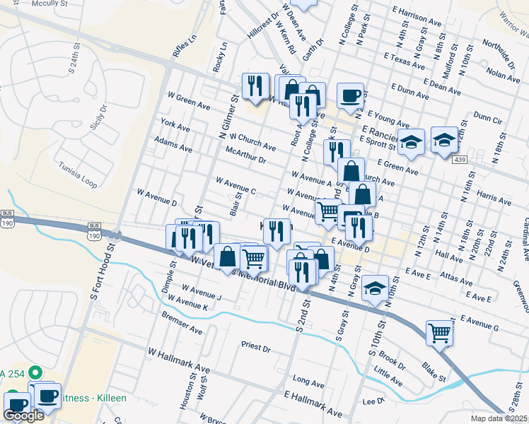 map of restaurants, bars, coffee shops, grocery stores, and more near 301 Root Avenue in Killeen