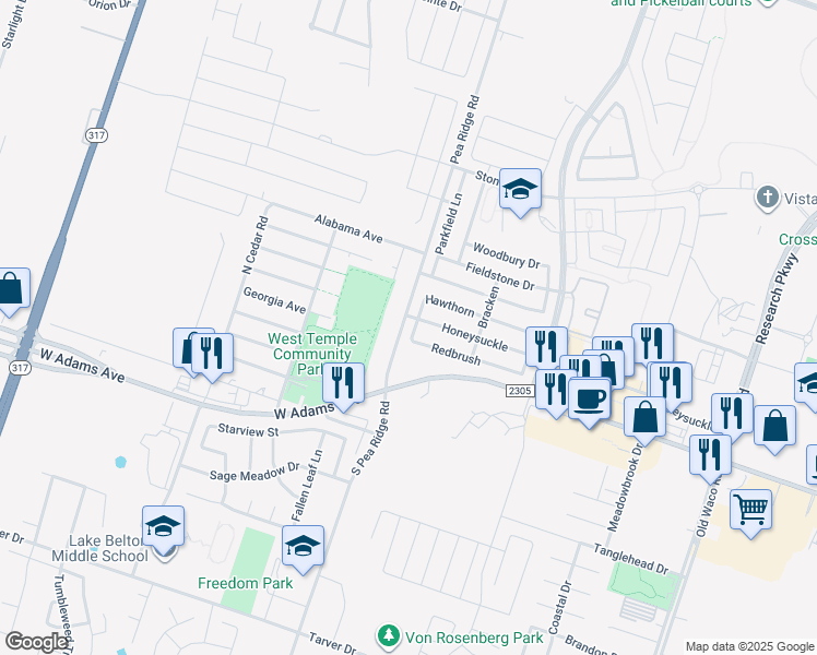 map of restaurants, bars, coffee shops, grocery stores, and more near 8111 Honeysuckle Drive in Temple
