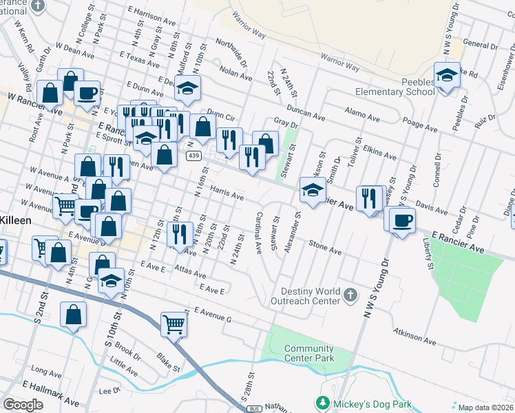 map of restaurants, bars, coffee shops, grocery stores, and more near 804 Cardinal Avenue in Killeen