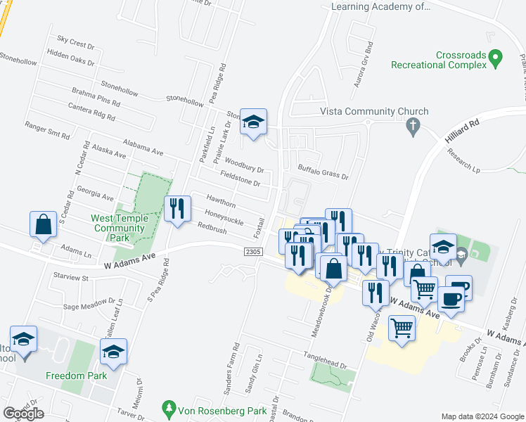 map of restaurants, bars, coffee shops, grocery stores, and more near 7708 Hawthorn in Temple
