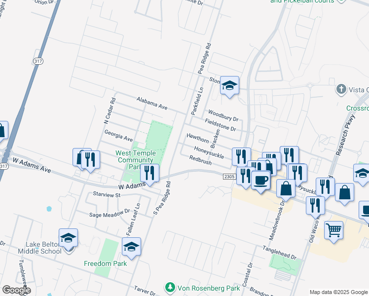 map of restaurants, bars, coffee shops, grocery stores, and more near 8111 Honeysuckle Drive in Temple