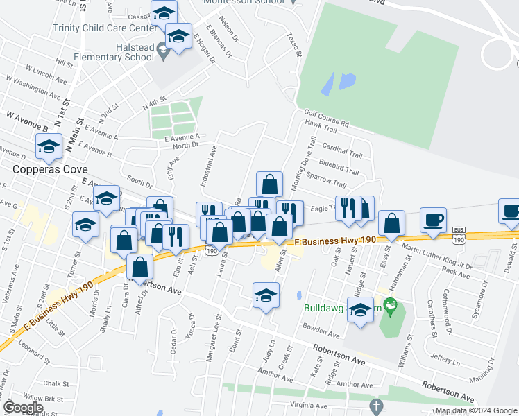 map of restaurants, bars, coffee shops, grocery stores, and more near 1011 Hawk Trail in Copperas Cove