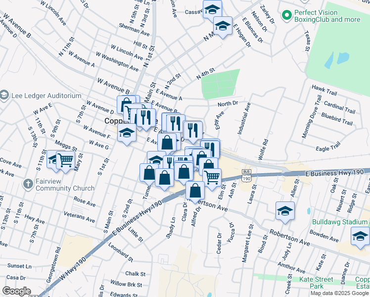 map of restaurants, bars, coffee shops, grocery stores, and more near 321 East Avenue East in Copperas Cove