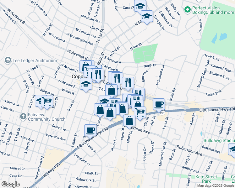 map of restaurants, bars, coffee shops, grocery stores, and more near 321 East Avenue East in Copperas Cove