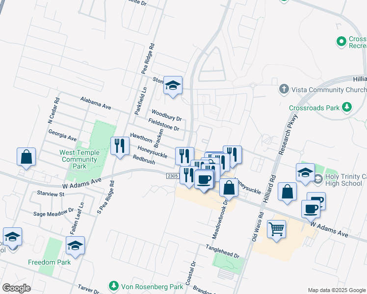map of restaurants, bars, coffee shops, grocery stores, and more near 7708 Hawthorn in Temple