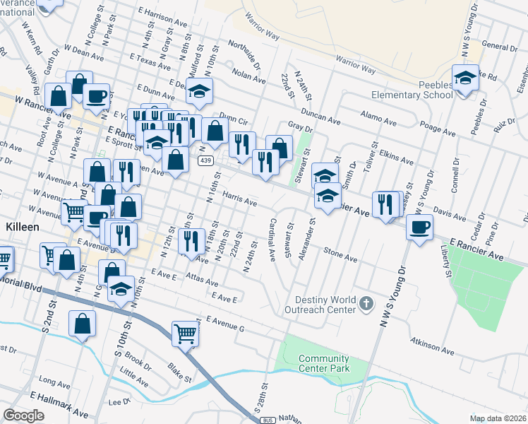map of restaurants, bars, coffee shops, grocery stores, and more near 1304 Harris Avenue in Killeen