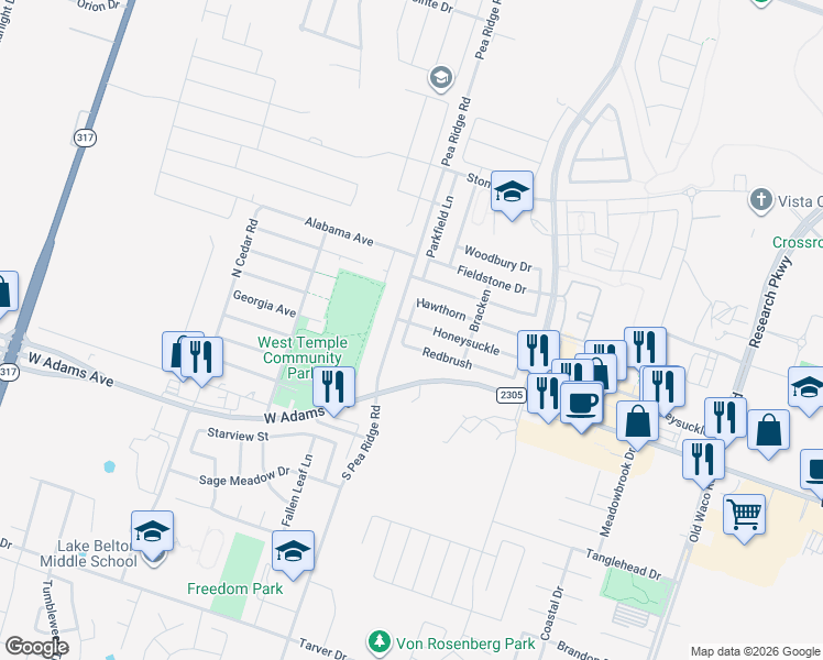 map of restaurants, bars, coffee shops, grocery stores, and more near 8111 Honeysuckle in Temple