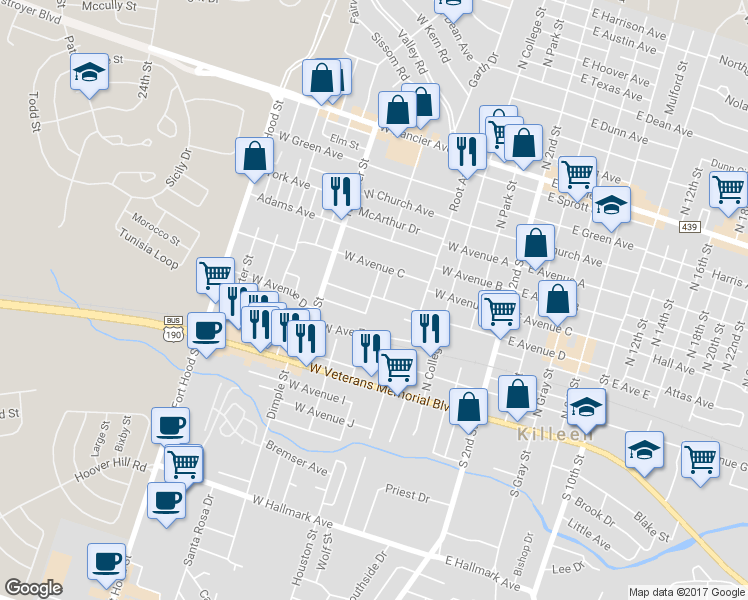 map of restaurants, bars, coffee shops, grocery stores, and more near 606 West Avenue D in Killeen