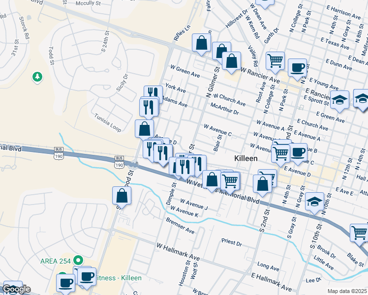 map of restaurants, bars, coffee shops, grocery stores, and more near 809 West Avenue D in Killeen