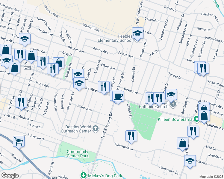 map of restaurants, bars, coffee shops, grocery stores, and more near 1010 Massey Street in Killeen