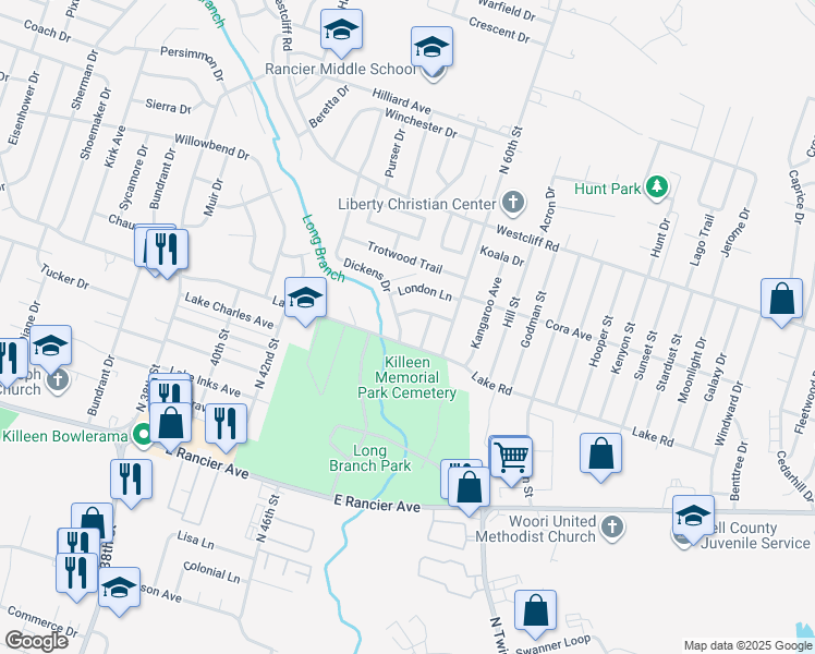 map of restaurants, bars, coffee shops, grocery stores, and more near 1706 Dickens Drive in Killeen