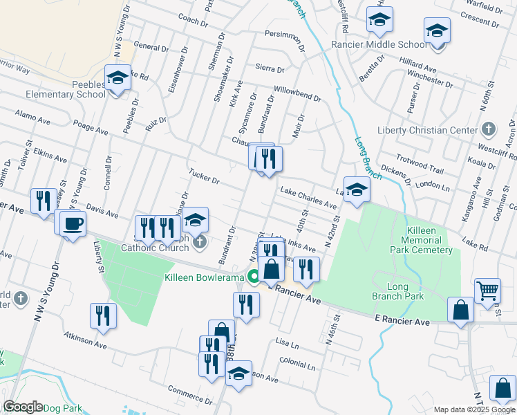map of restaurants, bars, coffee shops, grocery stores, and more near 3101 Clinkenbeard Drive in Killeen