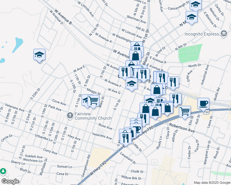 map of restaurants, bars, coffee shops, grocery stores, and more near 206 West Avenue G in Copperas Cove