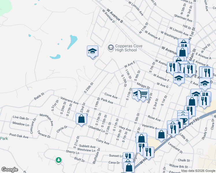 map of restaurants, bars, coffee shops, grocery stores, and more near 703 South 19th Street in Copperas Cove