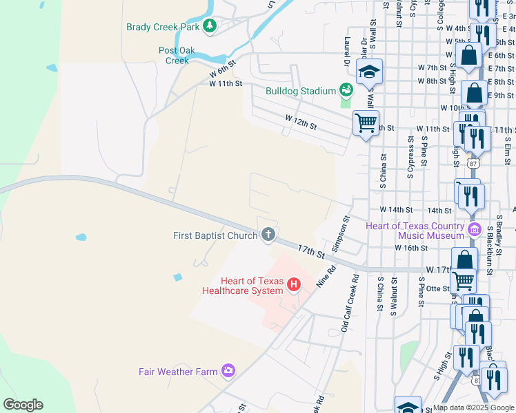 map of restaurants, bars, coffee shops, grocery stores, and more near 17th Street in Brady