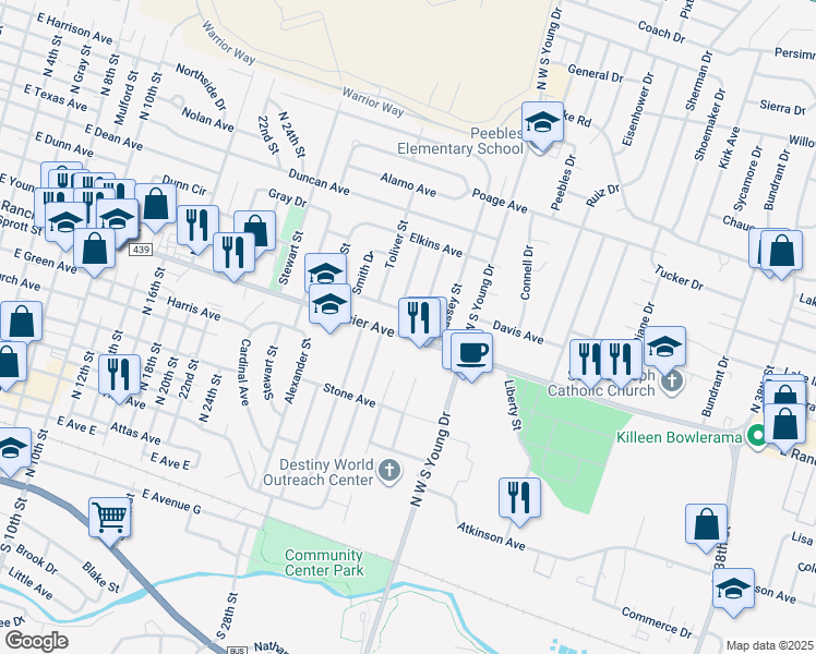 map of restaurants, bars, coffee shops, grocery stores, and more near 1909 East Rancier Avenue in Killeen