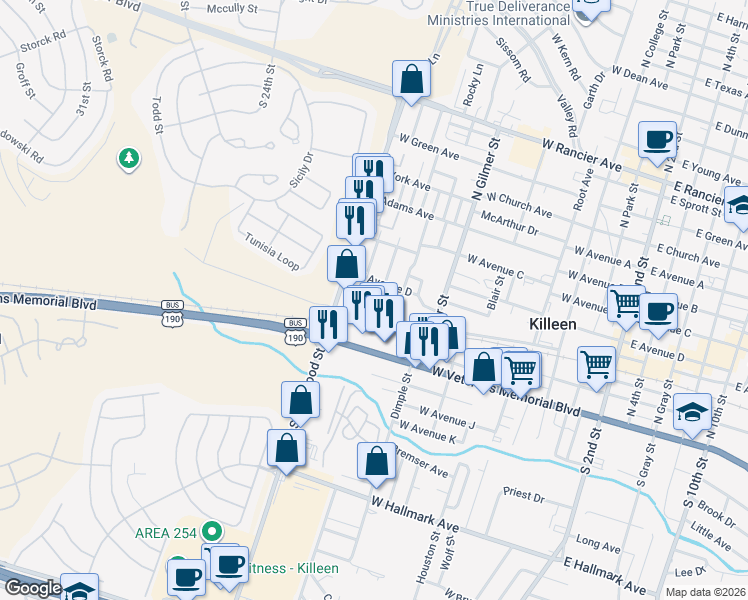 map of restaurants, bars, coffee shops, grocery stores, and more near 208 Carter Street in Killeen