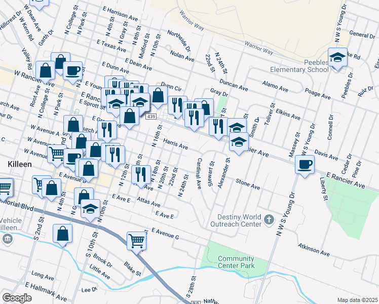 map of restaurants, bars, coffee shops, grocery stores, and more near 1302 Harris Avenue in Killeen