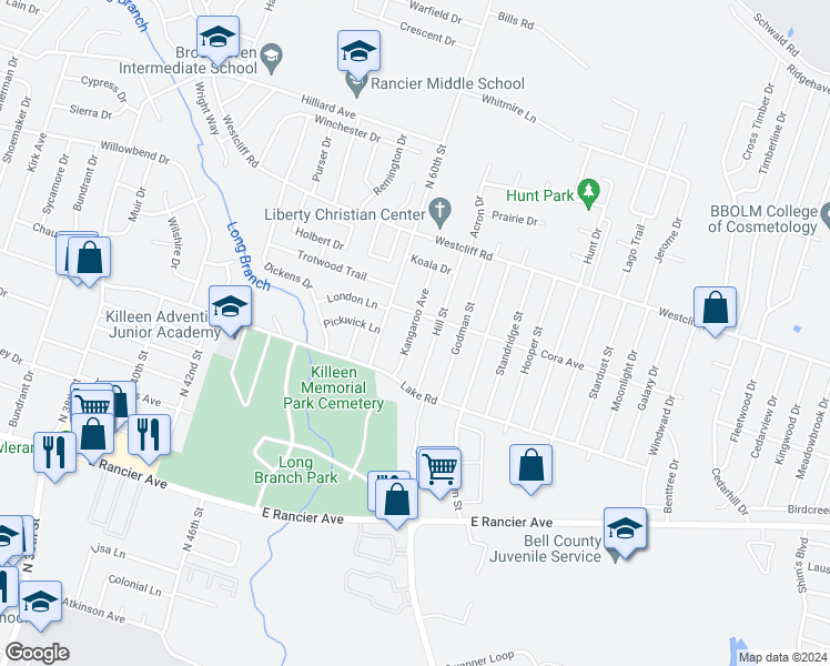map of restaurants, bars, coffee shops, grocery stores, and more near 1806 Kangaroo Avenue in Killeen