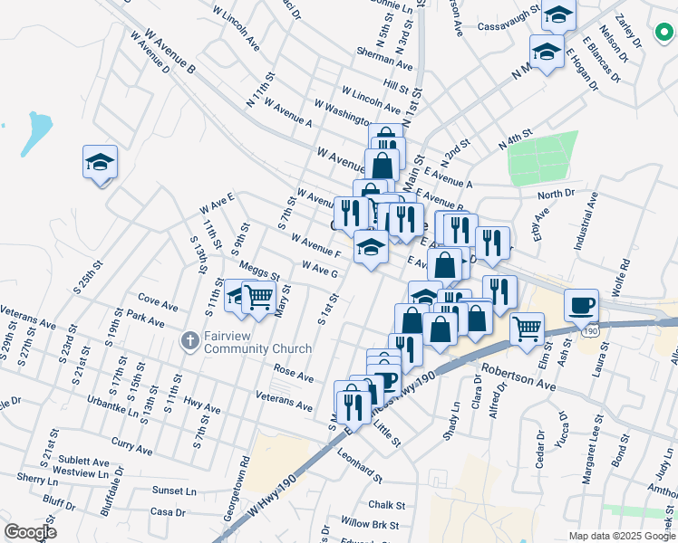 map of restaurants, bars, coffee shops, grocery stores, and more near 206 West Avenue G in Copperas Cove