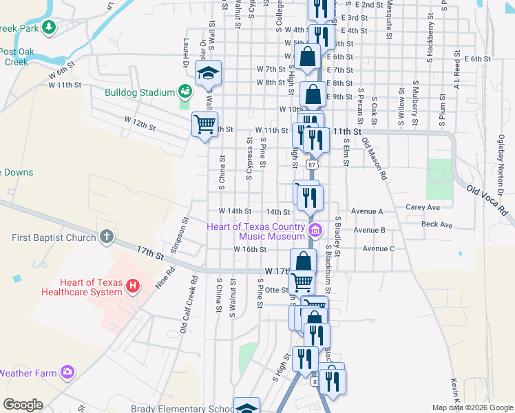 map of restaurants, bars, coffee shops, grocery stores, and more near 1508 South Pine Street in Brady