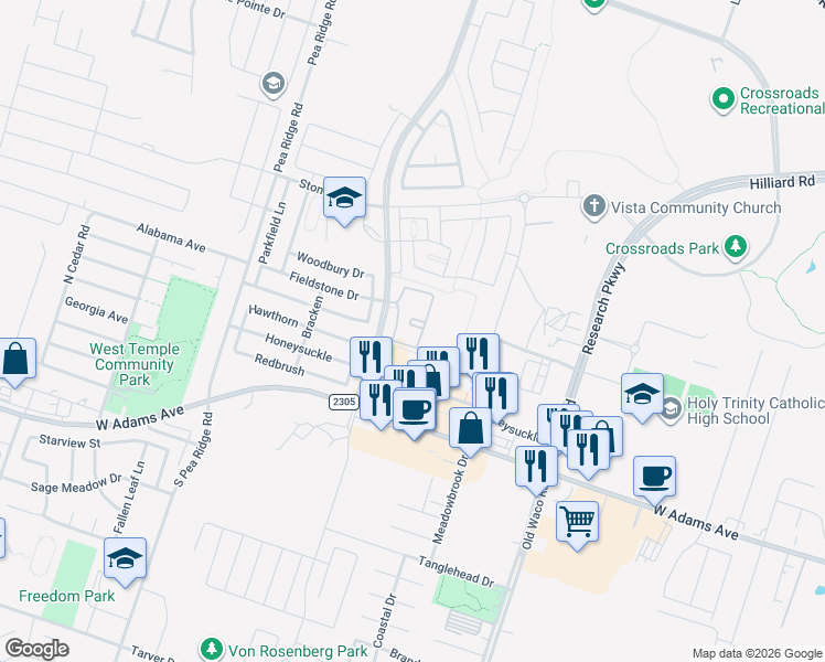 map of restaurants, bars, coffee shops, grocery stores, and more near 463 Westfield Boulevard in Temple