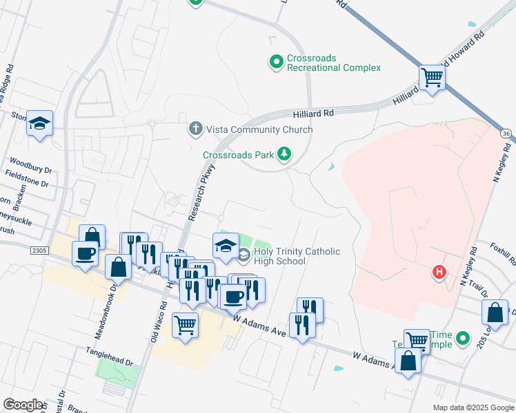 map of restaurants, bars, coffee shops, grocery stores, and more near 521 Hilliard Road in Temple