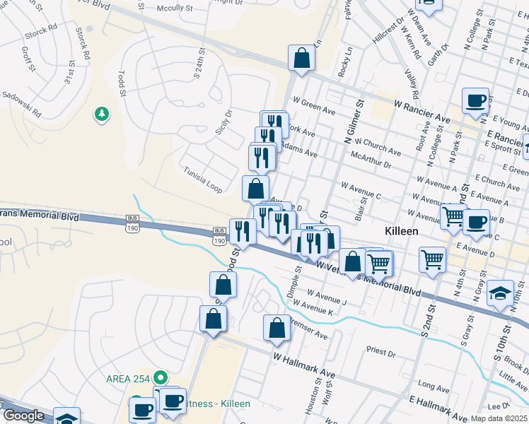 map of restaurants, bars, coffee shops, grocery stores, and more near 208 Carter Street in Killeen