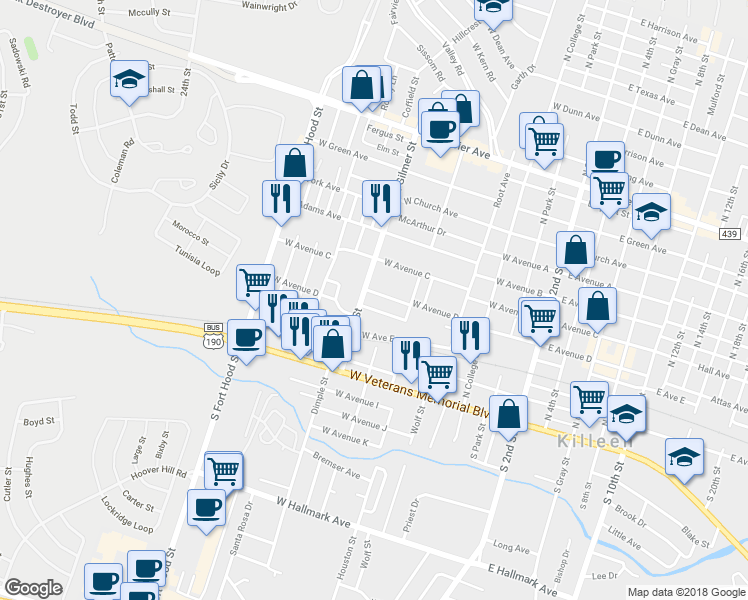 map of restaurants, bars, coffee shops, grocery stores, and more near 721 Norris Avenue in Killeen