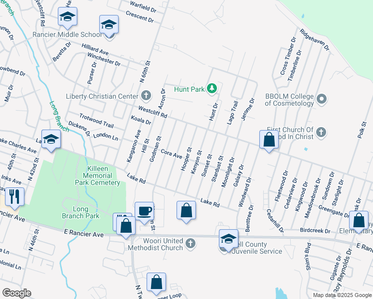 map of restaurants, bars, coffee shops, grocery stores, and more near 1901 Hooper Street in Killeen
