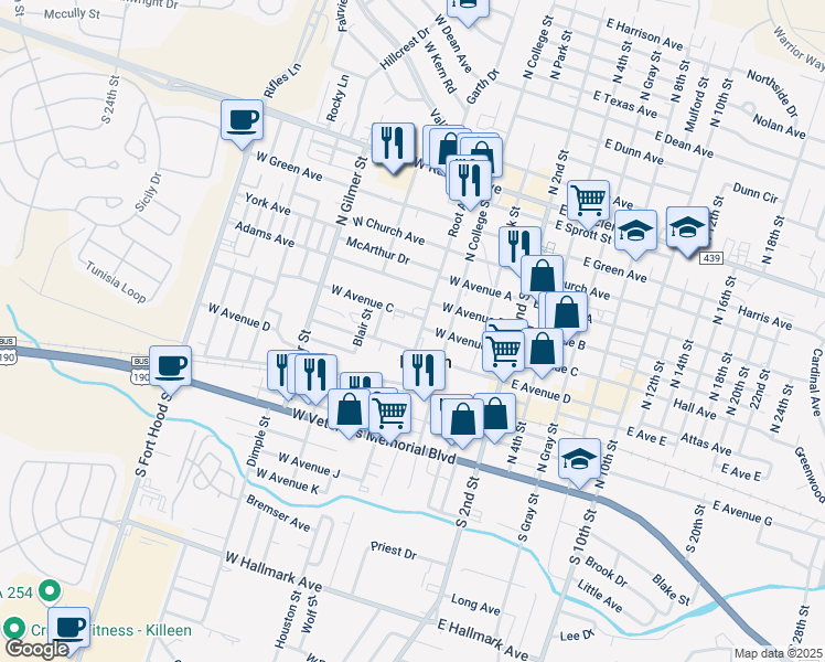 map of restaurants, bars, coffee shops, grocery stores, and more near 301 Root Avenue in Killeen