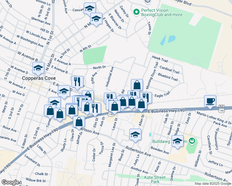 map of restaurants, bars, coffee shops, grocery stores, and more near 905 Industrial Avenue in Copperas Cove