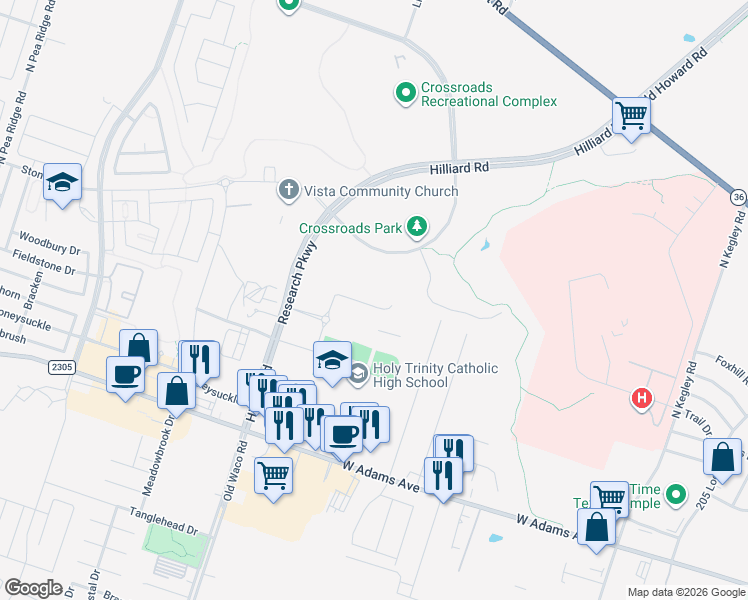 map of restaurants, bars, coffee shops, grocery stores, and more near 521 Hilliard Road in Temple