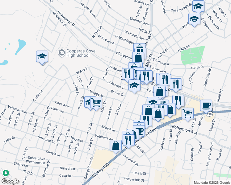 map of restaurants, bars, coffee shops, grocery stores, and more near 218 Meggs Street in Copperas Cove