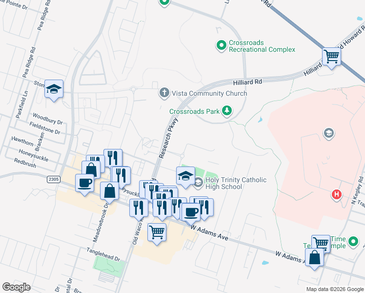 map of restaurants, bars, coffee shops, grocery stores, and more near 419 Hilliard Rd in Temple