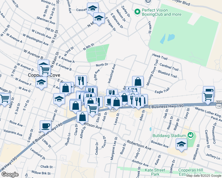 map of restaurants, bars, coffee shops, grocery stores, and more near 905 Industrial Avenue in Copperas Cove