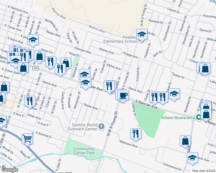 map of restaurants, bars, coffee shops, grocery stores, and more near 1909 East Rancier Avenue in Killeen