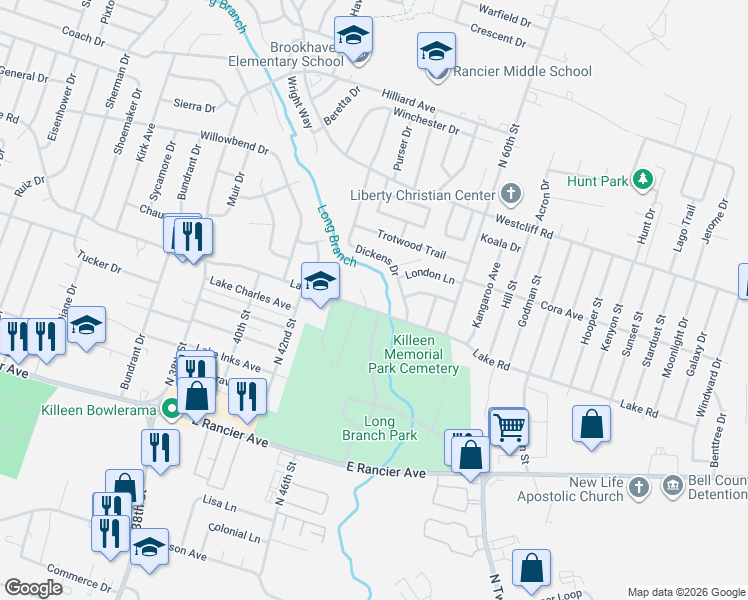 map of restaurants, bars, coffee shops, grocery stores, and more near 3701 Lake Road in Killeen
