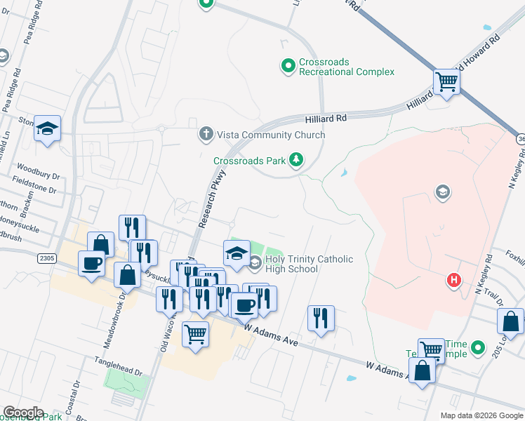 map of restaurants, bars, coffee shops, grocery stores, and more near 615 Hilliard Rd in Temple