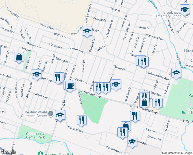 map of restaurants, bars, coffee shops, grocery stores, and more near 1202 Pine Drive in Killeen