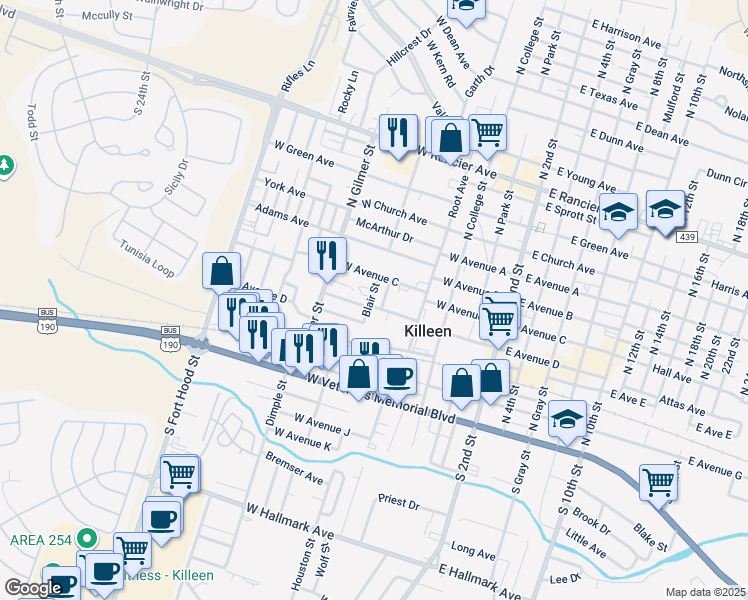 map of restaurants, bars, coffee shops, grocery stores, and more near 606 West Avenue D in Killeen