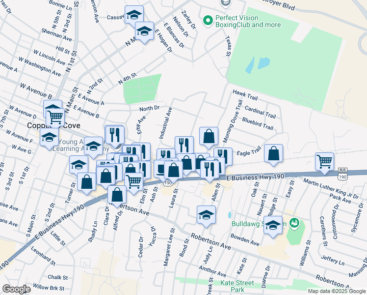 map of restaurants, bars, coffee shops, grocery stores, and more near 104 Wolfe Road in Copperas Cove