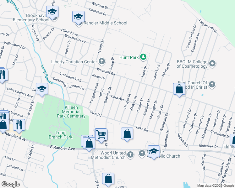 map of restaurants, bars, coffee shops, grocery stores, and more near 1808 Hooten Street in Killeen