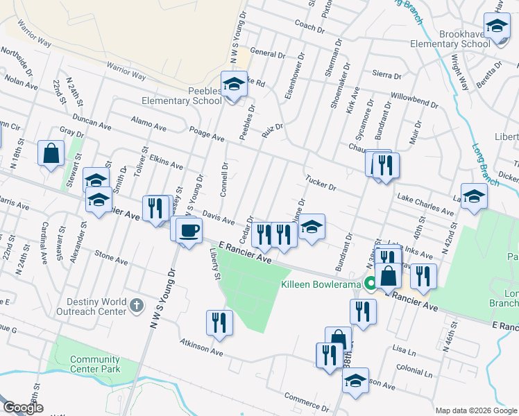 map of restaurants, bars, coffee shops, grocery stores, and more near 1202 Pine Drive in Killeen