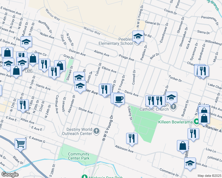 map of restaurants, bars, coffee shops, grocery stores, and more near 1010 Massey Street in Killeen