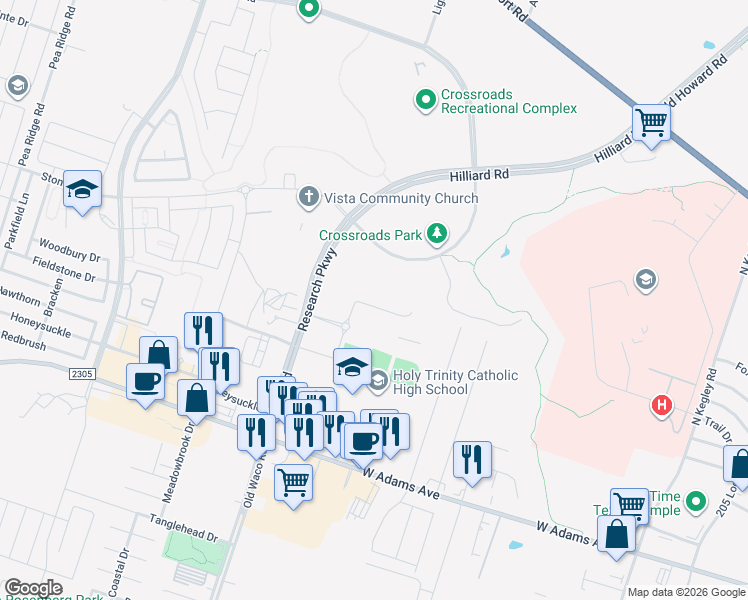 map of restaurants, bars, coffee shops, grocery stores, and more near 615 Hilliard Rd in Temple