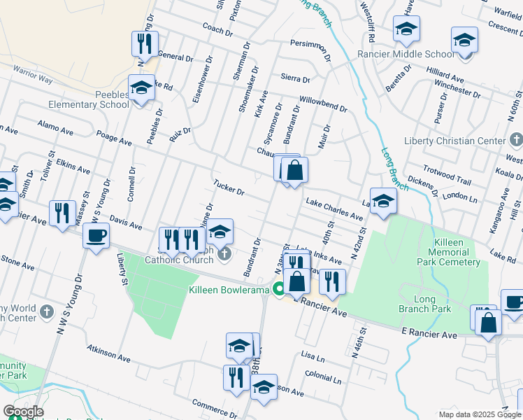 map of restaurants, bars, coffee shops, grocery stores, and more near 2905 Cheaney Drive in Killeen