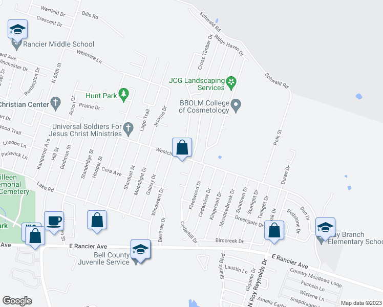 map of restaurants, bars, coffee shops, grocery stores, and more near 2103 Lazy Ridge Drive in Killeen